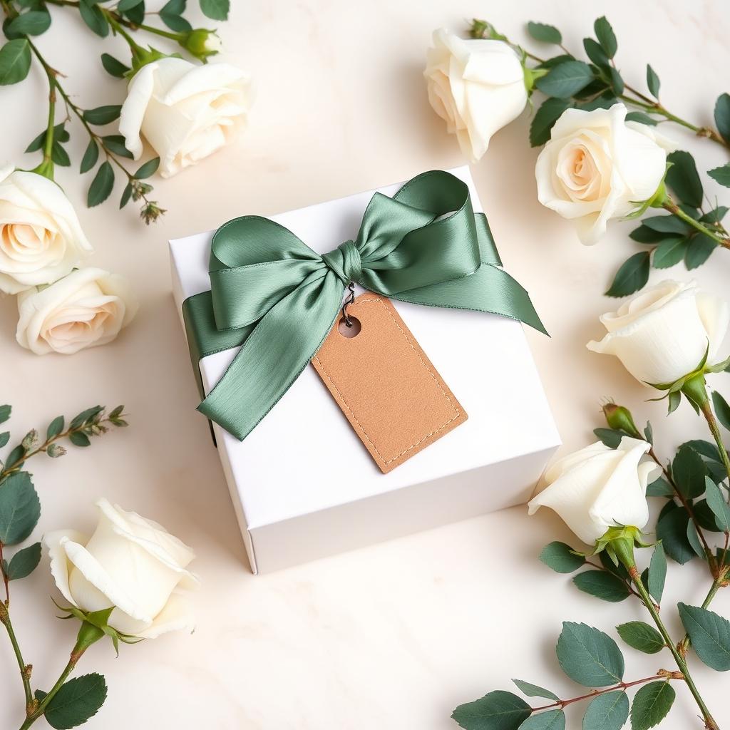 White gift box with sage ribbon