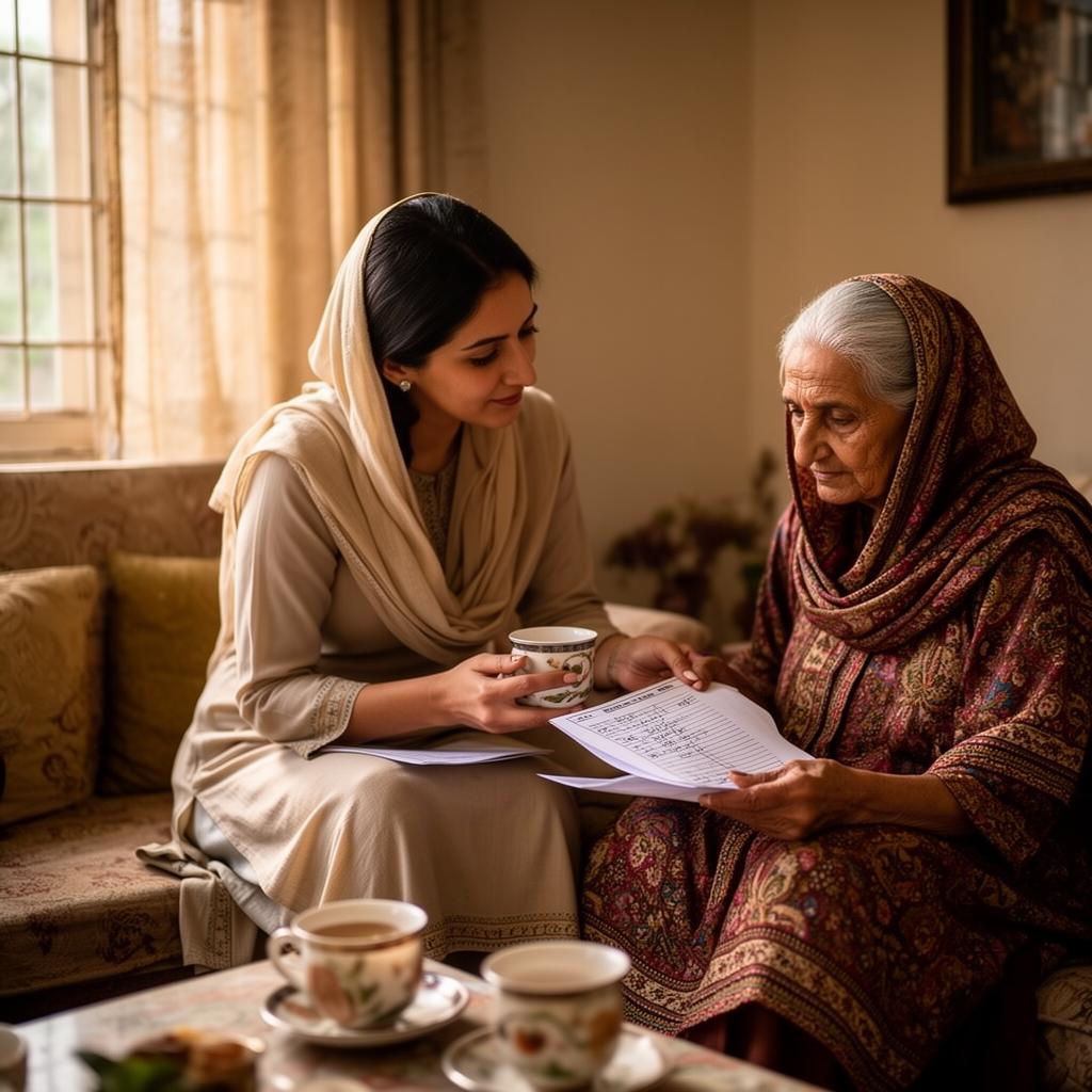 Female team member sharing tea with an elderly lady at home in Lahore